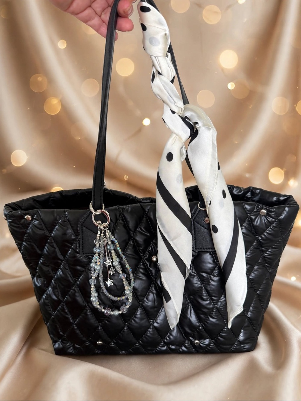 Quilted Black Tote with Scarf Accent